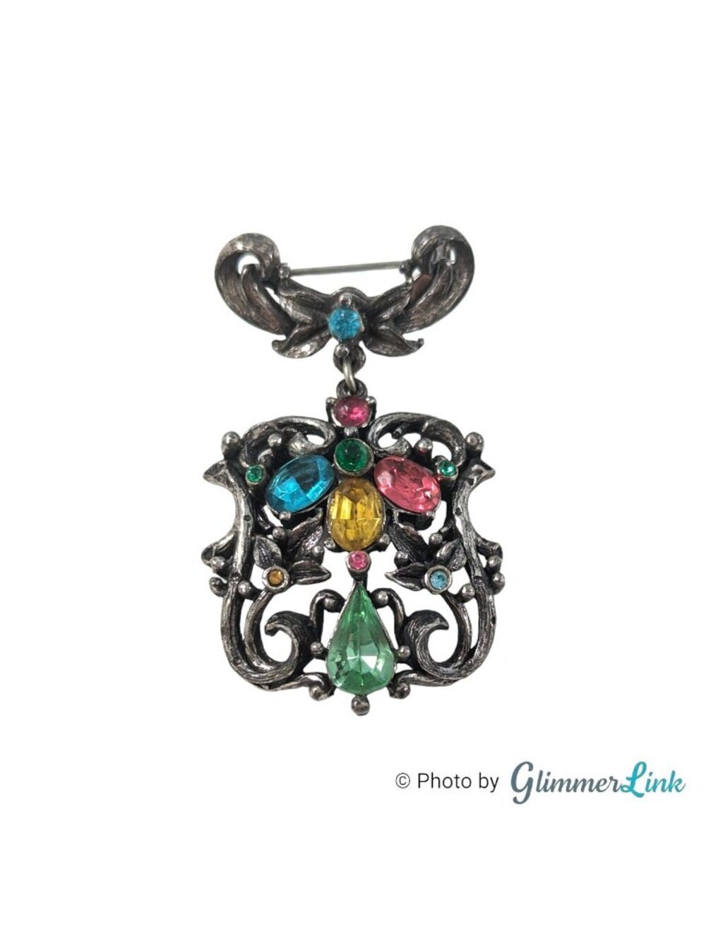 Vintage 1950s Coro Ornate Victorian Style Multicolored Silver Tone Bar Brooch
